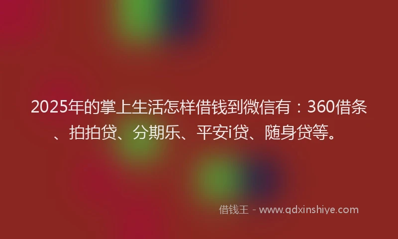 2025年的掌上生活怎样借钱到微信有：360借条、拍拍贷、分期乐、平安i贷、随身贷等。