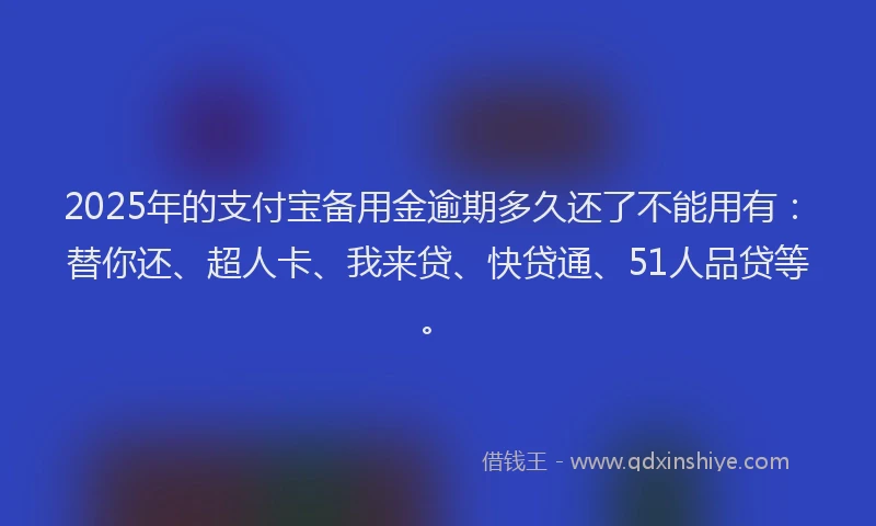 2025年的支付宝备用金逾期多久还了不能用有：替你还、超人卡、我来贷、快贷通、51人品贷等。