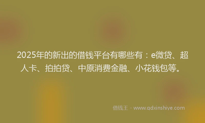 2025年的新出的借钱平台有哪些有：e微贷、超人卡、拍拍贷、中原消费金融、小花钱包等。
