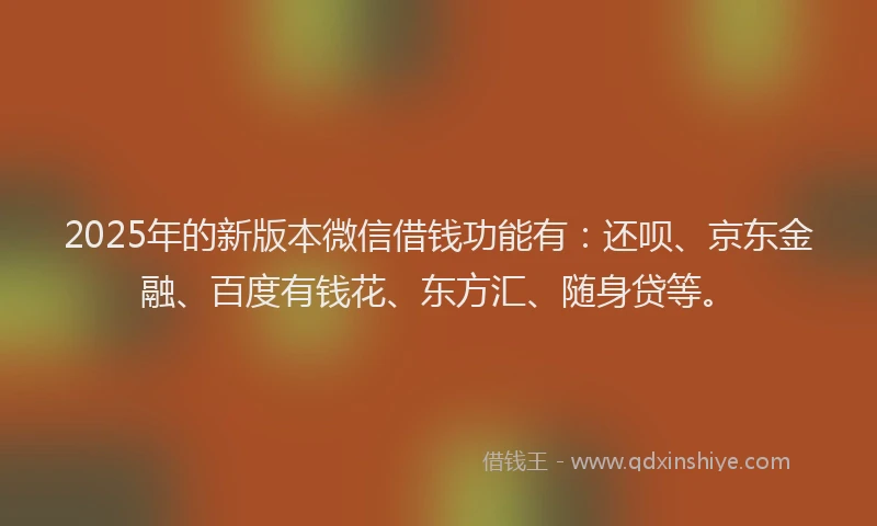 2025年的新版本微信借钱功能有：还呗、京东金融、百度有钱花、东方汇、随身贷等。