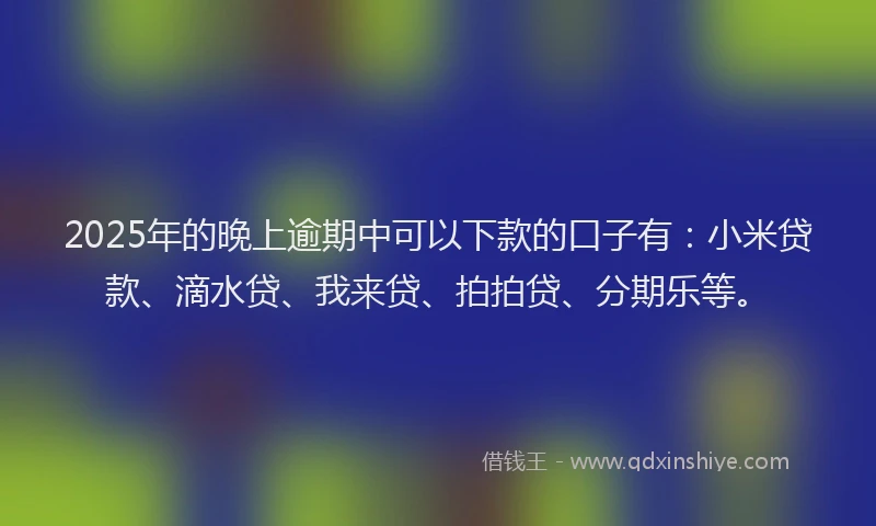 2025年的晚上逾期中可以下款的口子有：小米贷款、滴水贷、我来贷、拍拍贷、分期乐等。