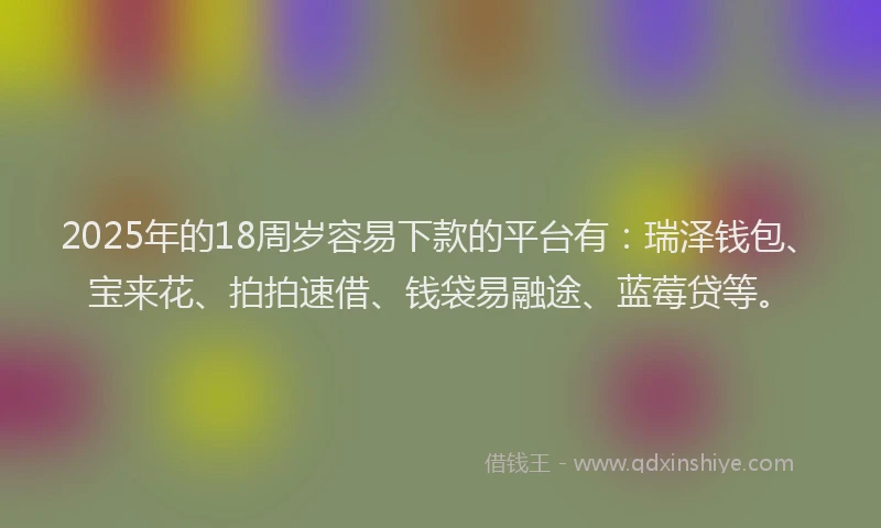 2025年的18周岁容易下款的平台有：瑞泽钱包、宝来花、拍拍速借、钱袋易融途、蓝莓贷等。