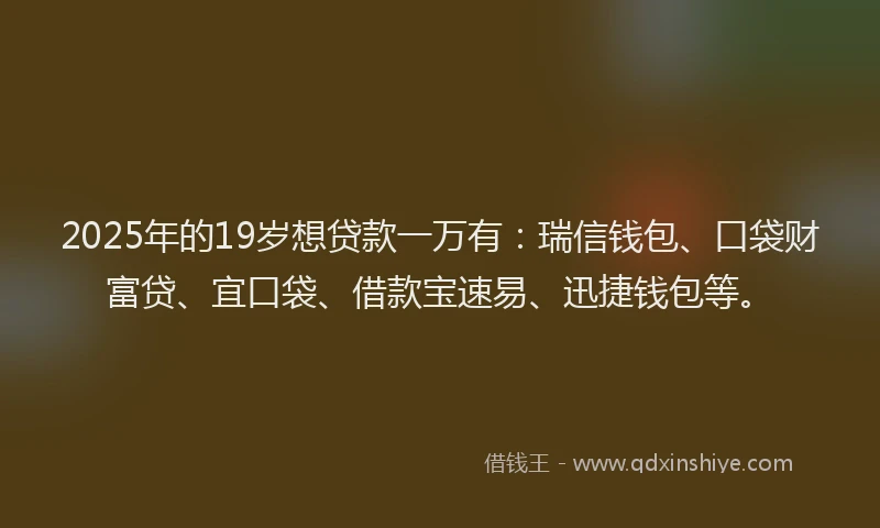 2025年的19岁想贷款一万有：瑞信钱包、口袋财富贷、宜口袋、借款宝速易、迅捷钱包等。