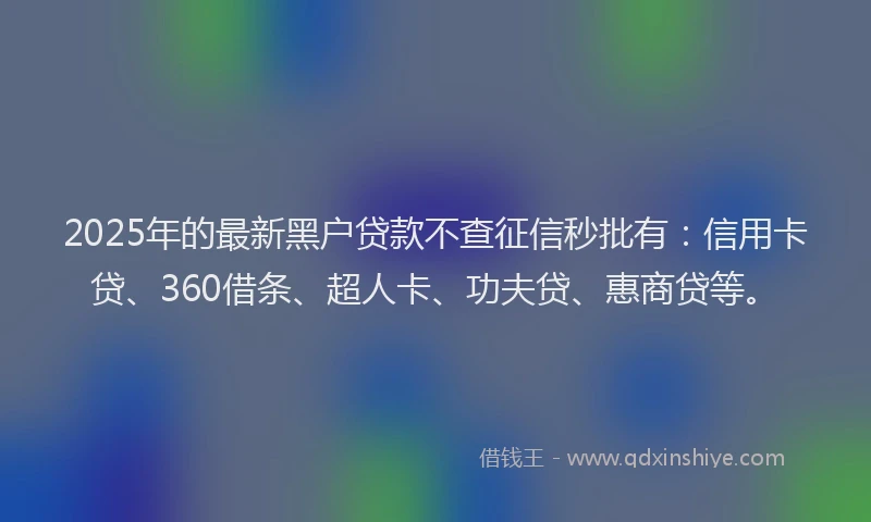 2025年的最新黑户贷款不查征信秒批有：信用卡贷、360借条、超人卡、功夫贷、惠商贷等。