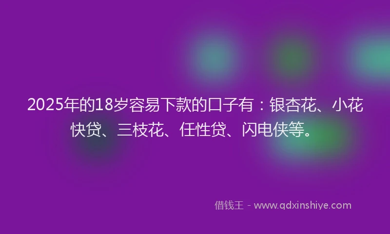 2025年的18岁容易下款的口子有：银杏花、小花快贷、三枝花、任性贷、闪电侠等。