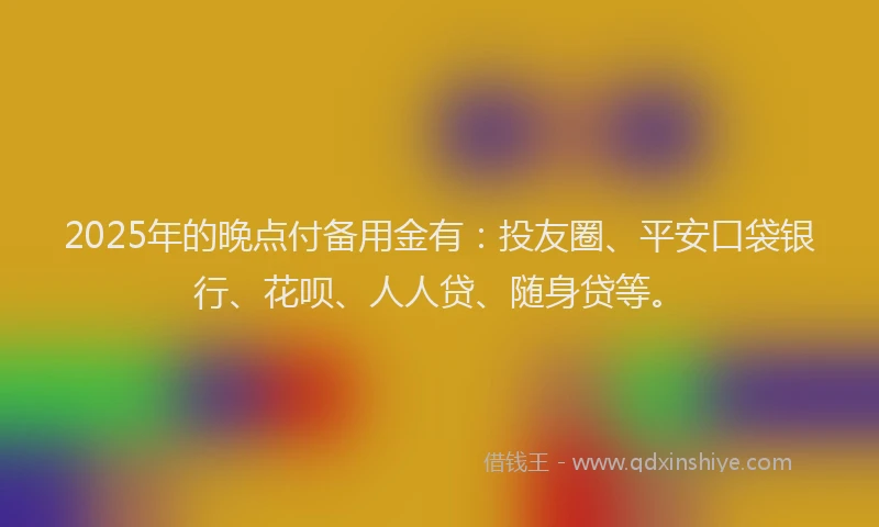 2025年的晚点付备用金有：投友圈、平安口袋银行、花呗、人人贷、随身贷等。