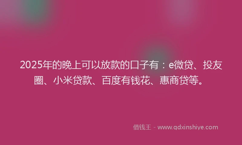 2025年的晚上可以放款的口子有：e微贷、投友圈、小米贷款、百度有钱花、惠商贷等。