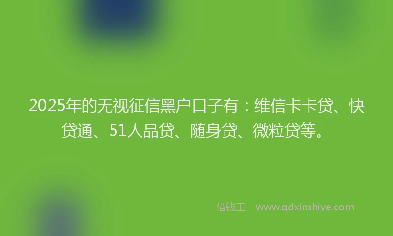 2025年的无视征信黑户口子有：维信卡卡贷、快贷通、51人品贷、随身贷、微粒贷等。