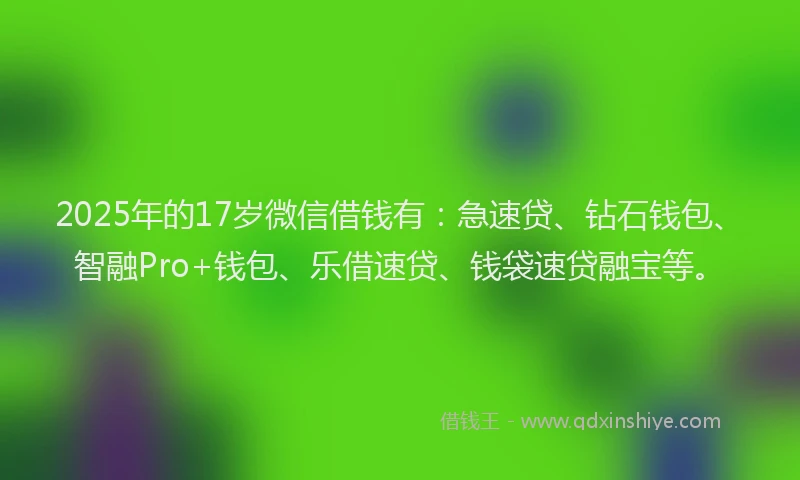 2025年的17岁微信借钱有：急速贷、钻石钱包、智融Pro+钱包、乐借速贷、钱袋速贷融宝等。