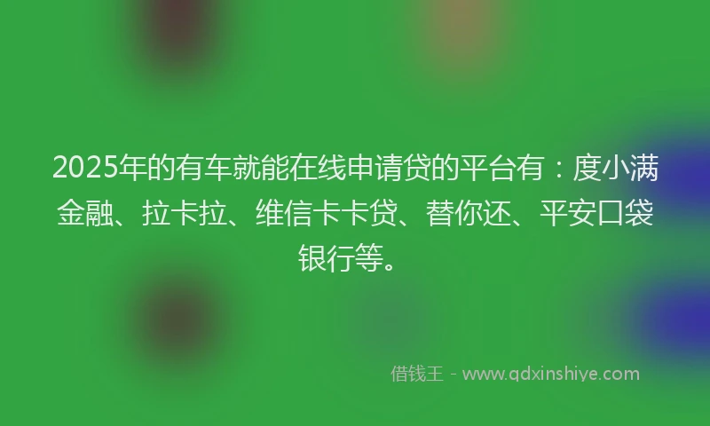 2025年的有车就能在线申请贷的平台有：度小满金融、拉卡拉、维信卡卡贷、替你还、平安口袋银行等。