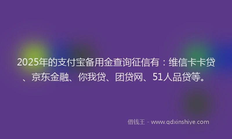 2025年的支付宝备用金查询征信有：维信卡卡贷、京东金融、你我贷、团贷网、51人品贷等。