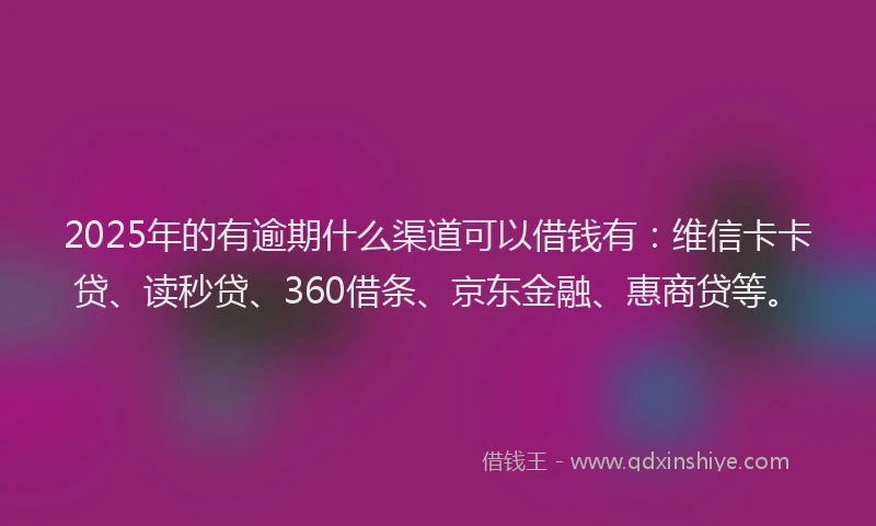 2025年的有逾期什么渠道可以借钱有：维信卡卡贷、读秒贷、360借条、京东金融、惠商贷等。