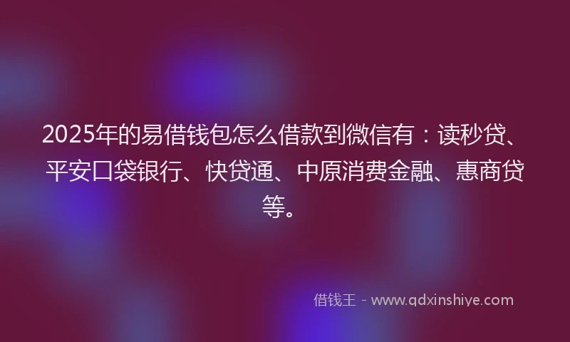 2025年的易借钱包怎么借款到微信有：读秒贷、平安口袋银行、快贷通、中原消费金融、惠商贷等。