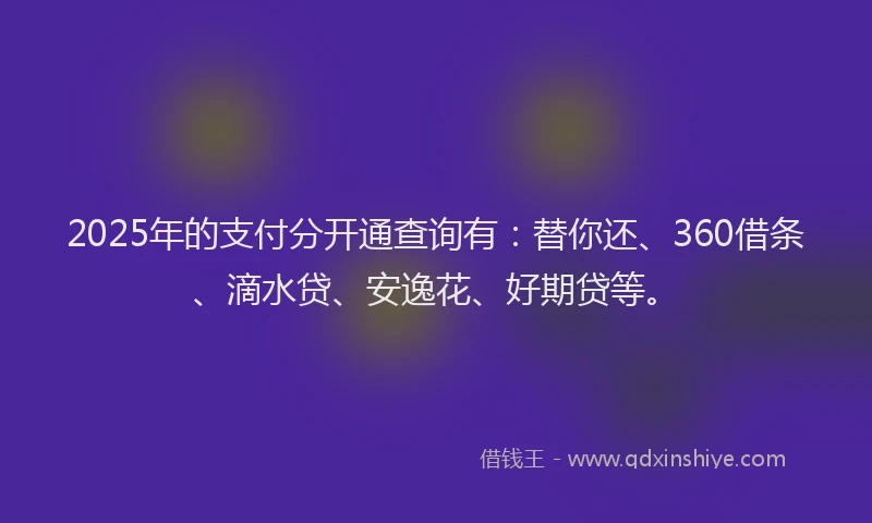 2025年的支付分开通查询有：替你还、360借条、滴水贷、安逸花、好期贷等。