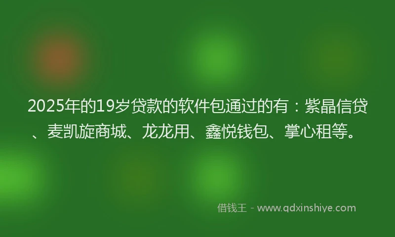 2025年的19岁贷款的软件包通过的有：紫晶信贷、麦凯旋商城、龙龙用、鑫悦钱包、掌心租等。