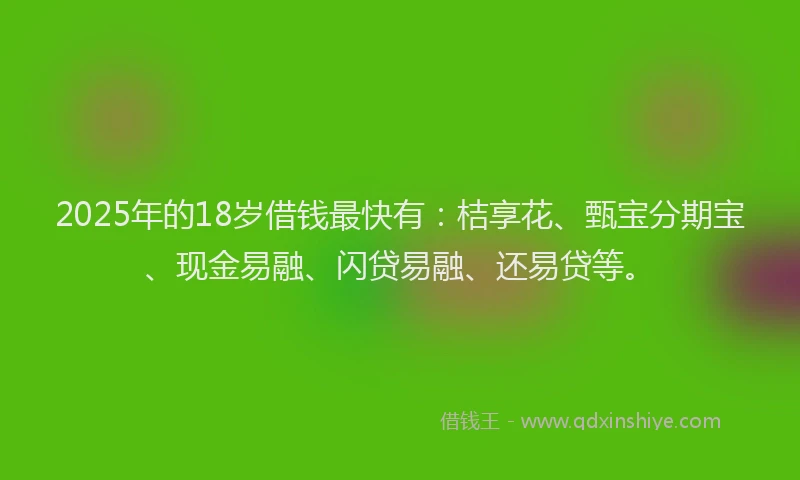 2025年的18岁借钱最快有:桔享花、甄宝分期宝、现金易融、闪贷易融、还易贷等。
