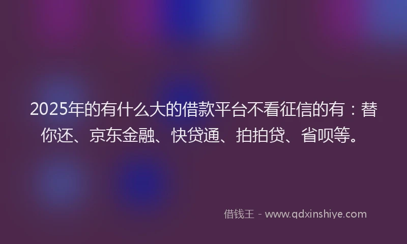 2025年的有什么大的借款平台不看征信的有：替你还、京东金融、快贷通、拍拍贷、省呗等。