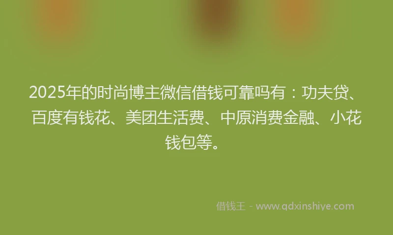 2025年的时尚博主微信借钱可靠吗有：功夫贷、百度有钱花、美团生活费、中原消费金融、小花钱包等。