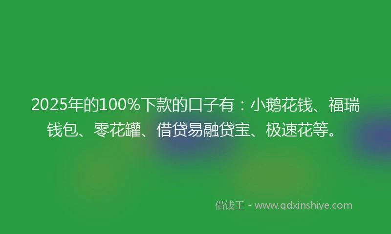 2025年的100%下款的口子有：小鹅花钱、福瑞钱包、零花罐、借贷易融贷宝、极速花等。
