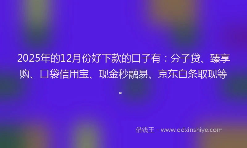 2025年的12月份好下款的口子有：分子贷、臻享购、口袋信用宝、现金秒融易、京东白条取现等。