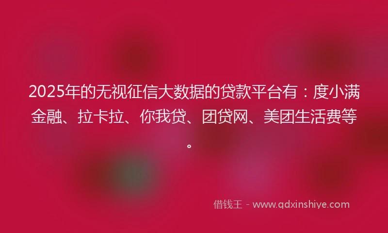 2025年的无视征信大数据的贷款平台有：度小满金融、拉卡拉、你我贷、团贷网、美团生活费等。