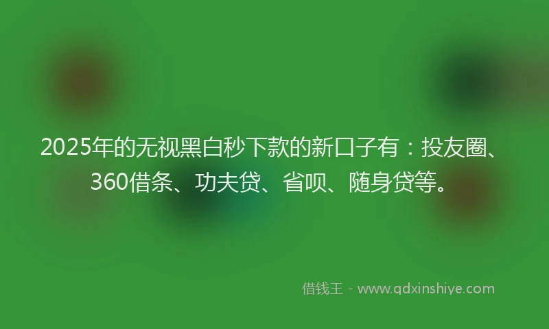 2025年的无视黑白秒下款的新口子有：投友圈、360借条、功夫贷、省呗、随身贷等。