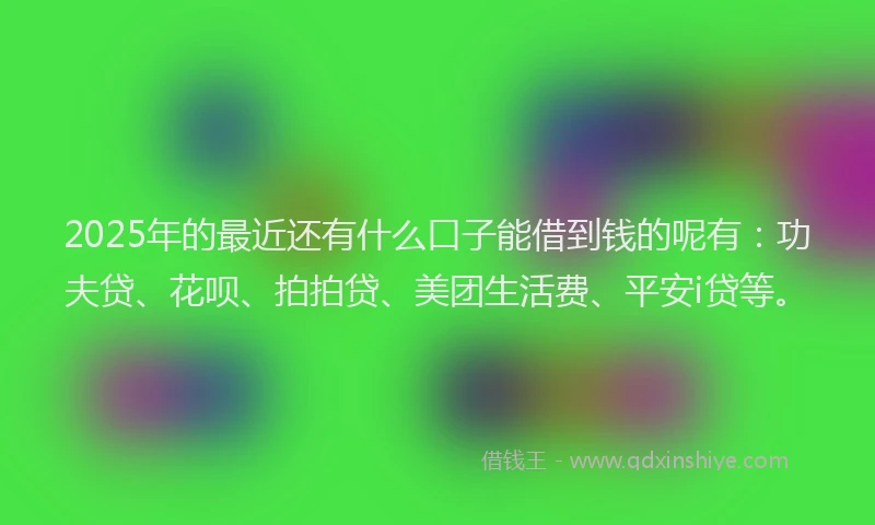 2025年的最近还有什么口子能借到钱的呢有：功夫贷、花呗、拍拍贷、美团生活费、平安i贷等。