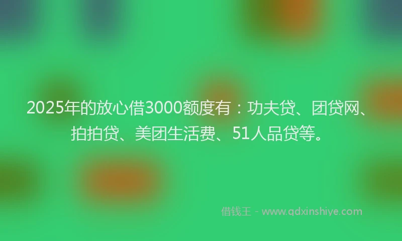 2025年的放心借3000额度有：功夫贷、团贷网、拍拍贷、美团生活费、51人品贷等。