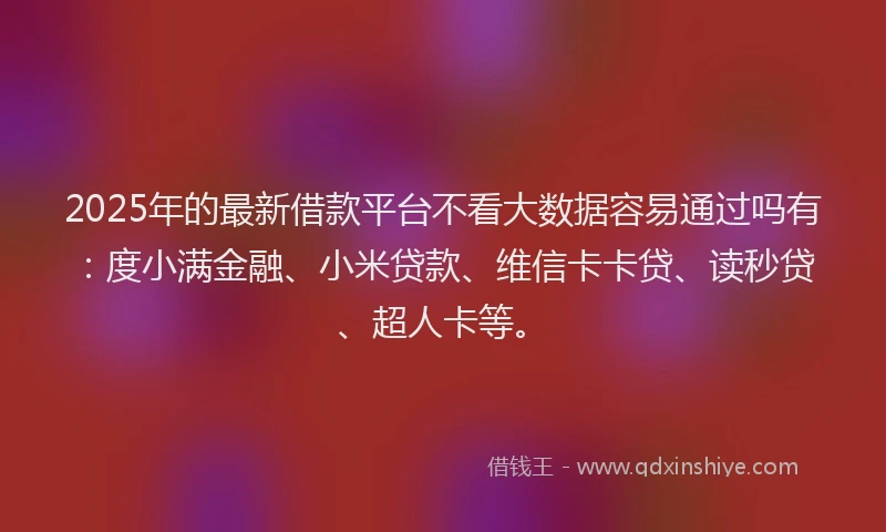 2025年的最新借款平台不看大数据容易通过吗有：度小满金融、小米贷款、维信卡卡贷、读秒贷、超人卡等。
