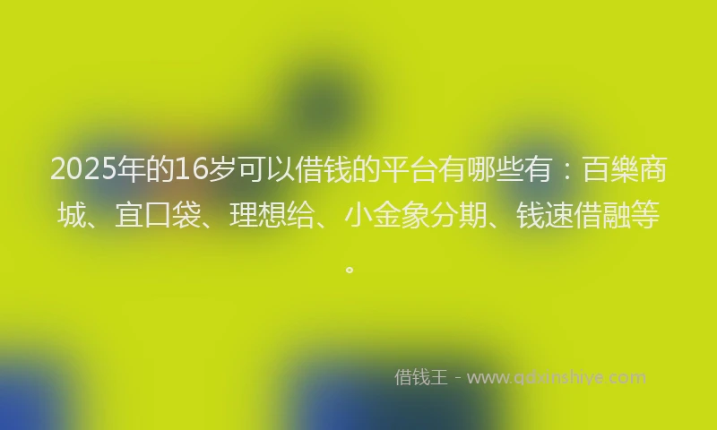 2025年的16岁可以借钱的平台有哪些有：百樂商城、宜口袋、理想给、小金象分期、钱速借融等。