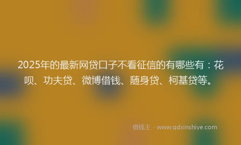 2025年的最新网贷口子不看征信的有哪些有：花呗、功夫贷、微博借钱、随身贷、柯基贷等。