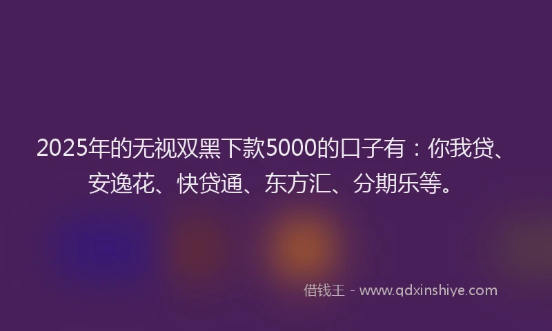 2025年的无视双黑下款5000的口子有：你我贷、安逸花、快贷通、东方汇、分期乐等。