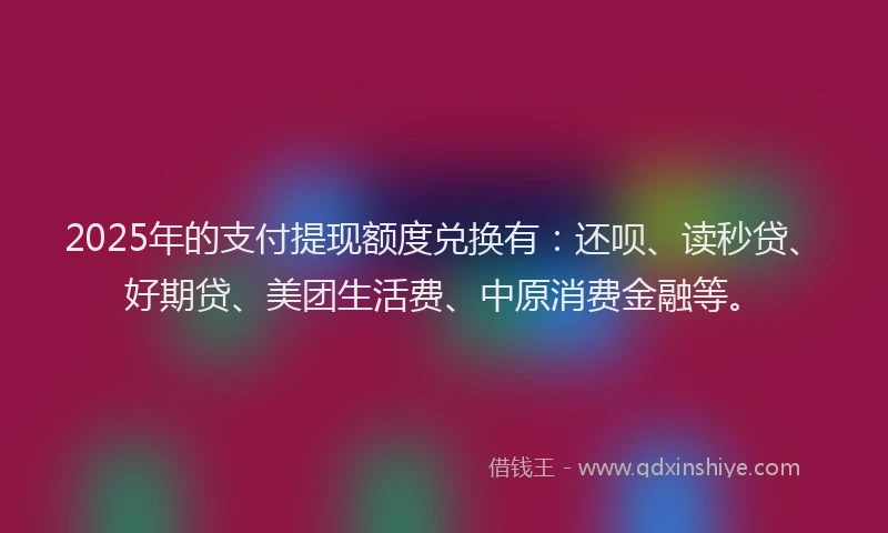 2025年的支付提现额度兑换有：还呗、读秒贷、好期贷、美团生活费、中原消费金融等。
