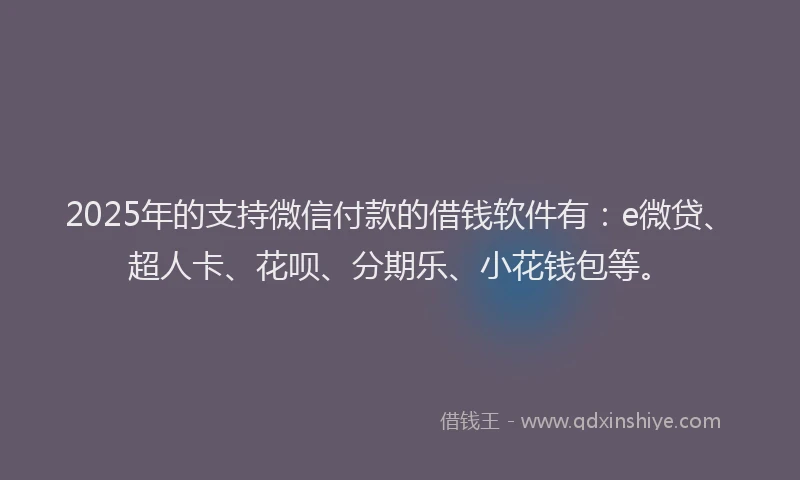 2025年的支持微信付款的借钱软件有：e微贷、超人卡、花呗、分期乐、小花钱包等。