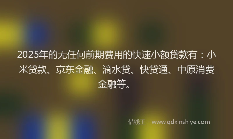 2025年的无任何前期费用的快速小额贷款有：小米贷款、京东金融、滴水贷、快贷通、中原消费金融等。