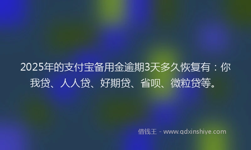 2025年的支付宝备用金逾期3天多久恢复有：你我贷、人人贷、好期贷、省呗、微粒贷等。