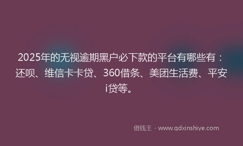 2025年的无视逾期黑户必下款的平台有哪些有：还呗、维信卡卡贷、360借条、美团生活费、平安i贷等。