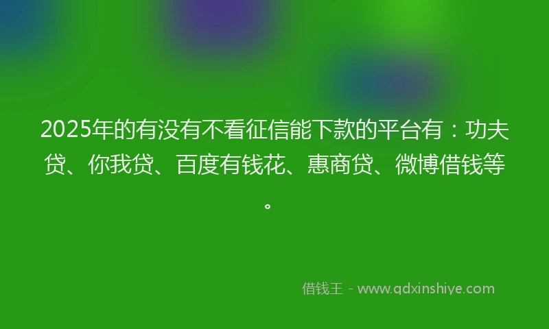 2025年的有没有不看征信能下款的平台有：功夫贷、你我贷、百度有钱花、惠商贷、微博借钱等。