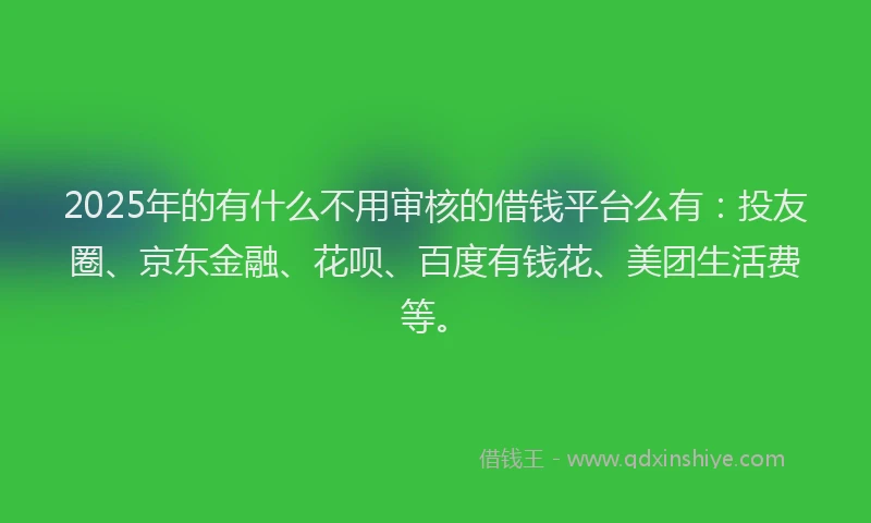 2025年的有什么不用审核的借钱平台么有：投友圈、京东金融、花呗、百度有钱花、美团生活费等。