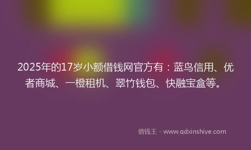 2025年的17岁小额借钱网官方有：蓝鸟信用、优者商城、一橙租机、翠竹钱包、快融宝盒等。