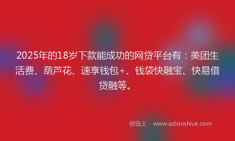 2025年的18岁下款能成功的网贷平台有：美团生活费、葫芦花、速享钱包+、钱袋快融宝、快易借贷融等。