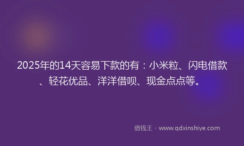 2025年的14天容易下款的有：小米粒、闪电借款、轻花优品、洋洋借呗、现金点点等。