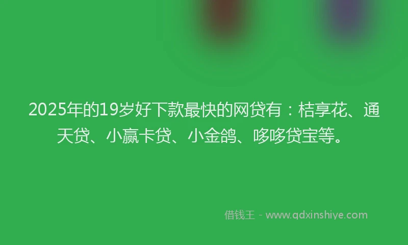 2025年的19岁好下款最快的网贷有：桔享花、通天贷、小赢卡贷、小金鸽、哆哆贷宝等。