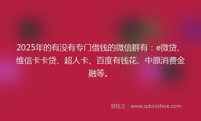 2025年的有没有专门借钱的微信群有：e微贷、维信卡卡贷、超人卡、百度有钱花、中原消费金融等。