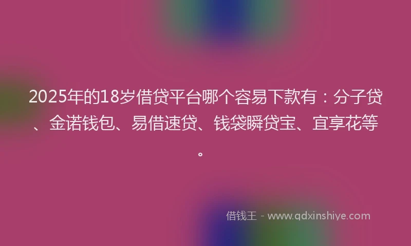 2025年的18岁借贷平台哪个容易下款有：分子贷、金诺钱包、易借速贷、钱袋瞬贷宝、宜享花等。