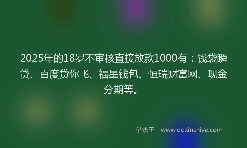 2025年的18岁不审核直接放款1000有：钱袋瞬贷、百度贷你飞、福星钱包、恒瑞财富网、现金分期等。