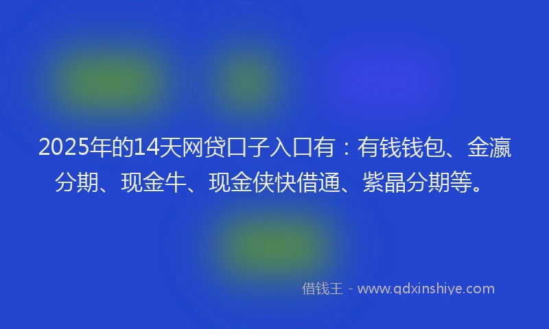 2025年的14天网贷口子入口有：有钱钱包、金瀛分期、现金牛、现金侠快借通、紫晶分期等。