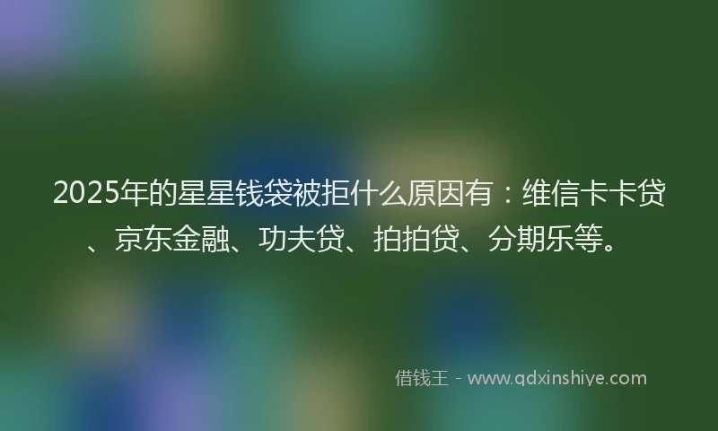 2025年的星星钱袋被拒什么原因有：维信卡卡贷、京东金融、功夫贷、拍拍贷、分期乐等。