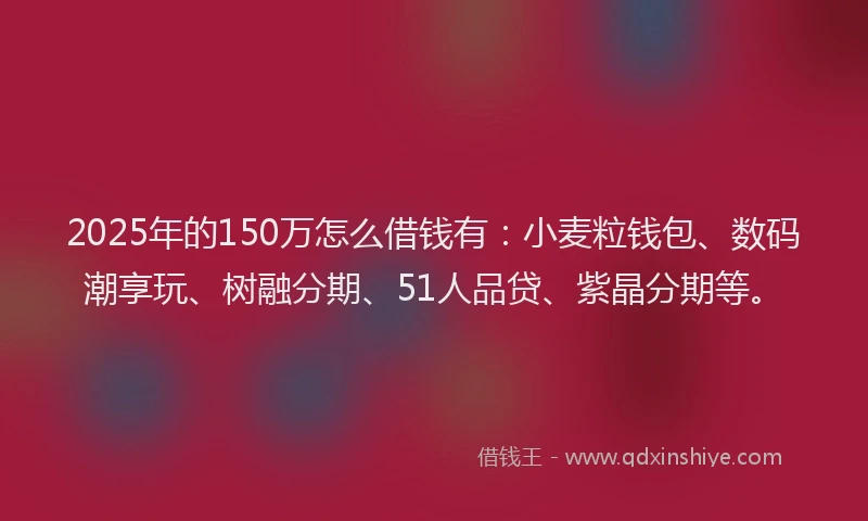 2025年的150万怎么借钱有：小麦粒钱包、数码潮享玩、树融分期、51人品贷、紫晶分期等。