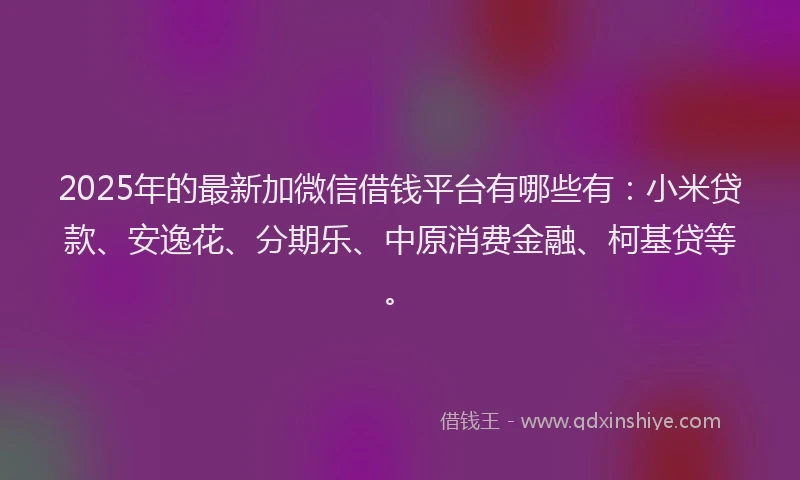 2025年的最新加微信借钱平台有哪些有：小米贷款、安逸花、分期乐、中原消费金融、柯基贷等。